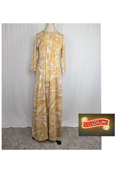 vintage Dresses & Skirts - Vintage 60s Hawaiian Maxi Dress Medium Malama Tan Yellow